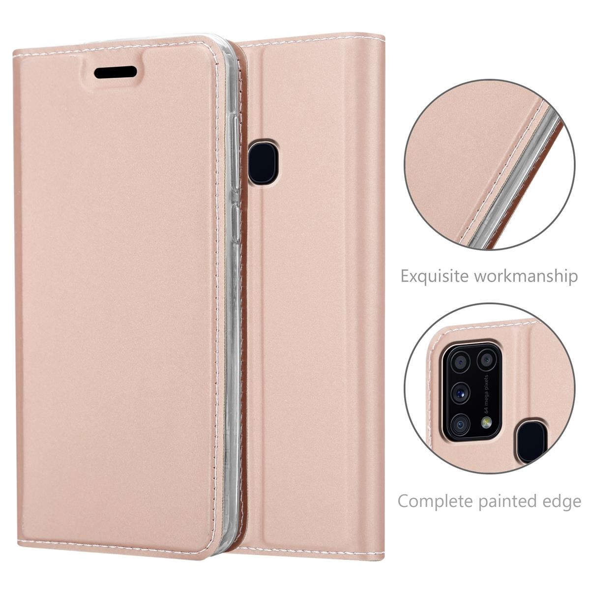 Custodia per telefono rosa, chiusa, con vista dettagliata delle cuciture e della fotocamera. Bordo verniciato completo.
