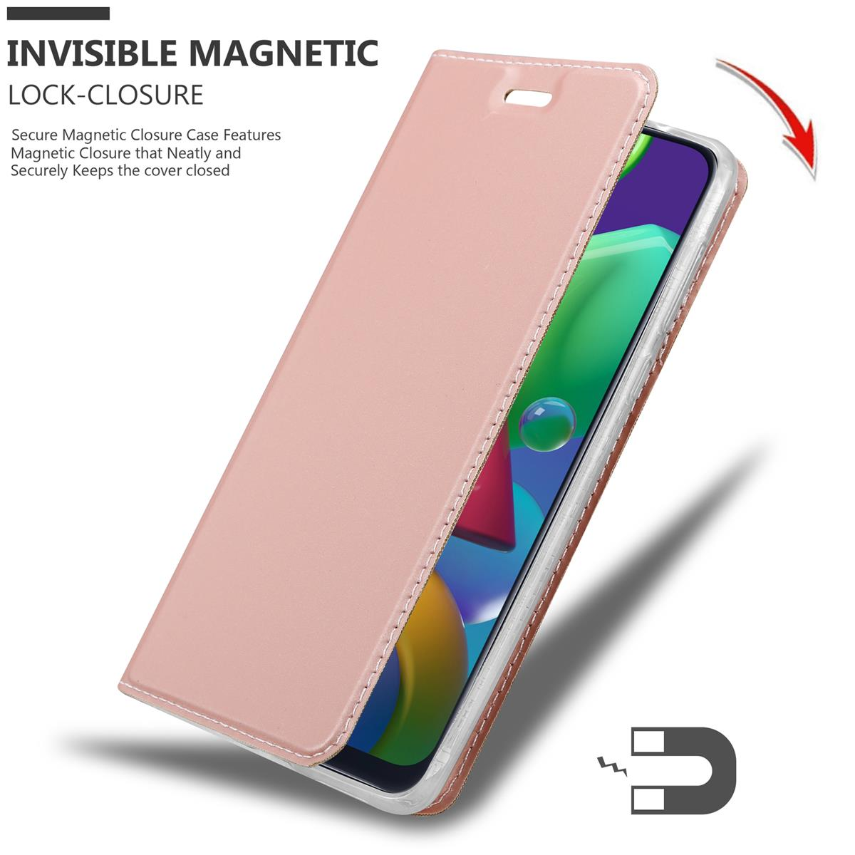 Custodia per telefono rosa, aperta. Testo: Chiusura magnetica invisibile. Icona magnete. Mantiene la cover chiusa in modo sicuro.