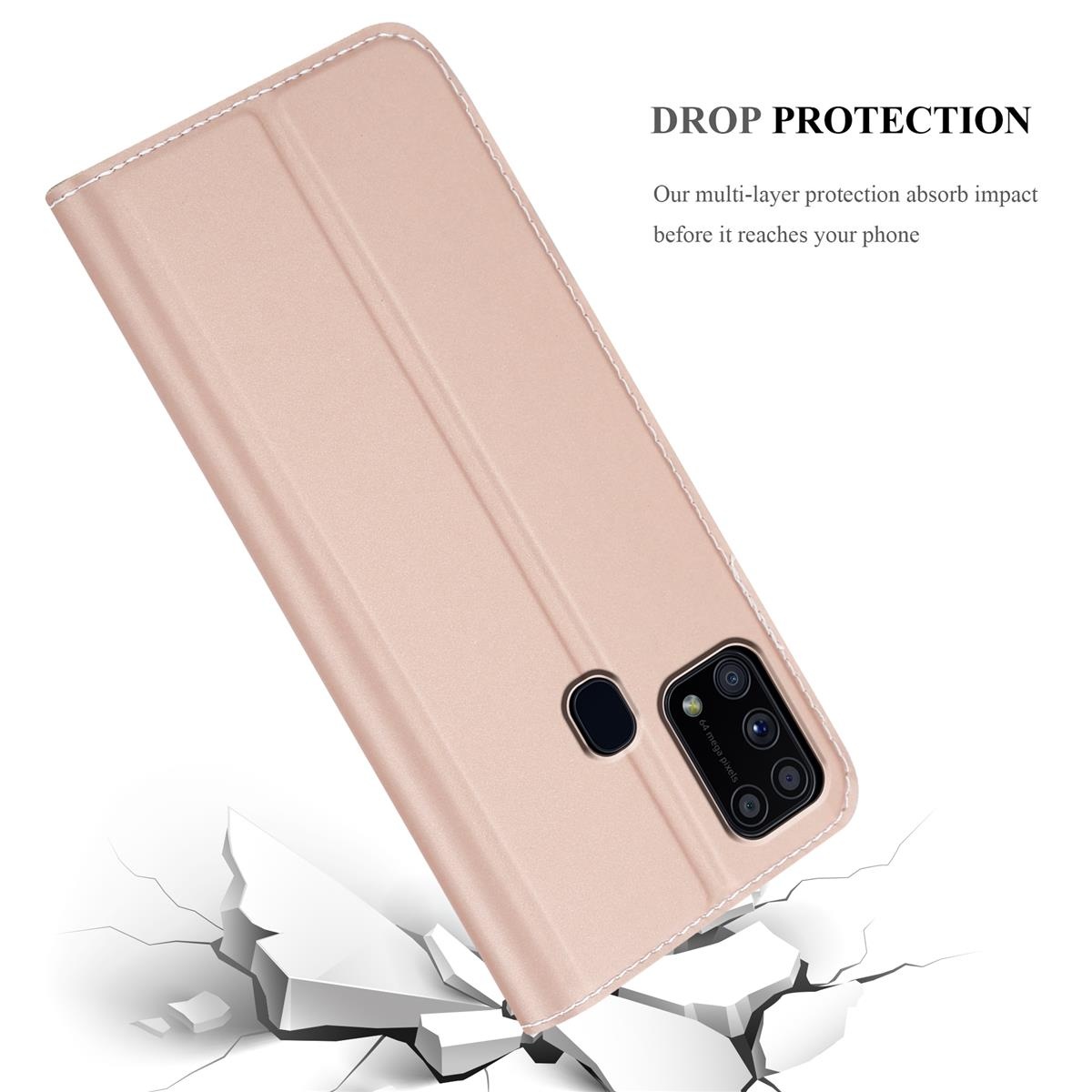 Custodia rosa con telefono, su superficie bianca. Testo Drop Protection in alto.