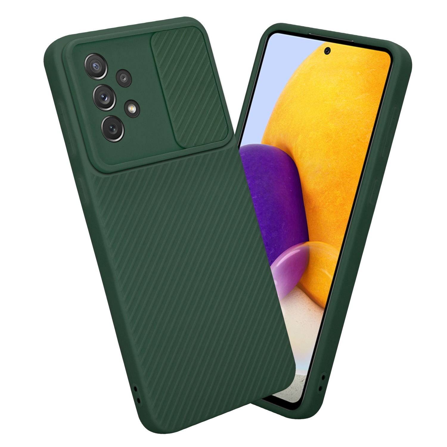 Grüne Handyhülle, Kameraabdeckung. Zwei Telefone, gelb und grün.