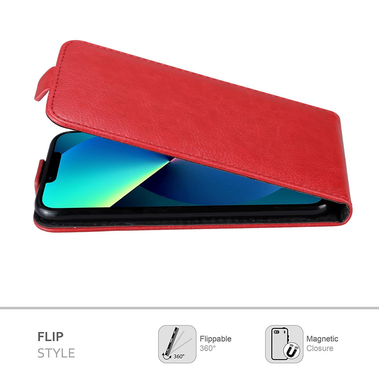 Eine rote Handyhülle mit einem Telefon darin. Text 'FLIP STYLE' und Symbole werden angezeigt.