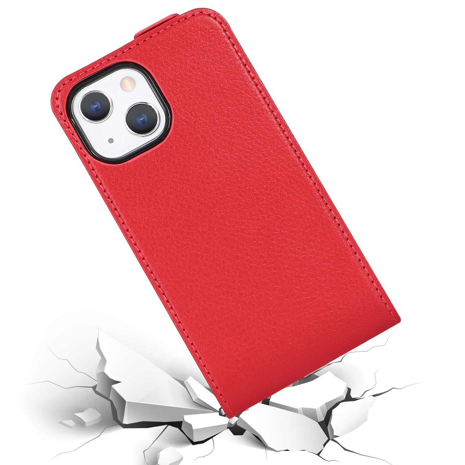 Rote Handyhülle mit Telefon darin, liegt auf einer zerbrochenen Oberfläche. Die Handyhülle ist angewinkelt.