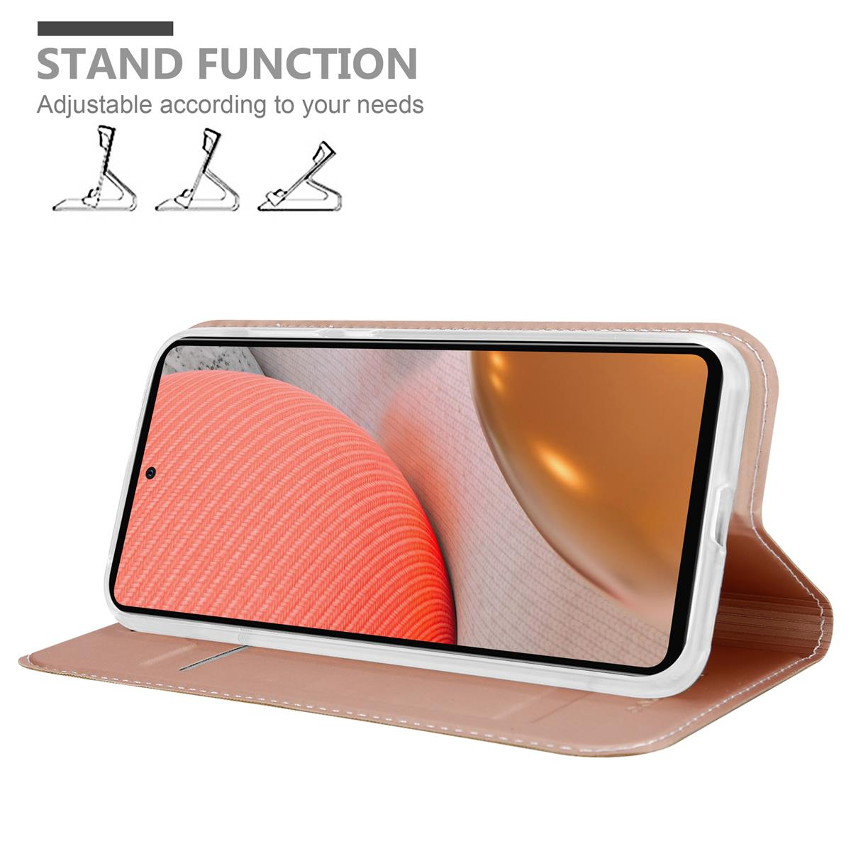 Ein Telefon in einer braunen Hülle, geöffnet, zeigt die Standfunktion.