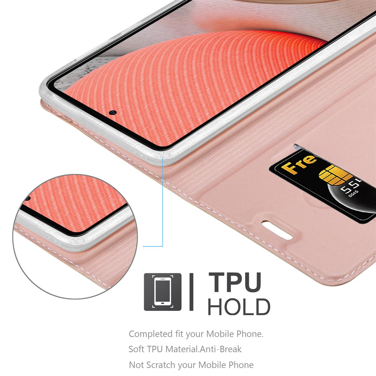 Offene rosa Handyhülle mit Telefon und Kartenfach. Details der Kanten.