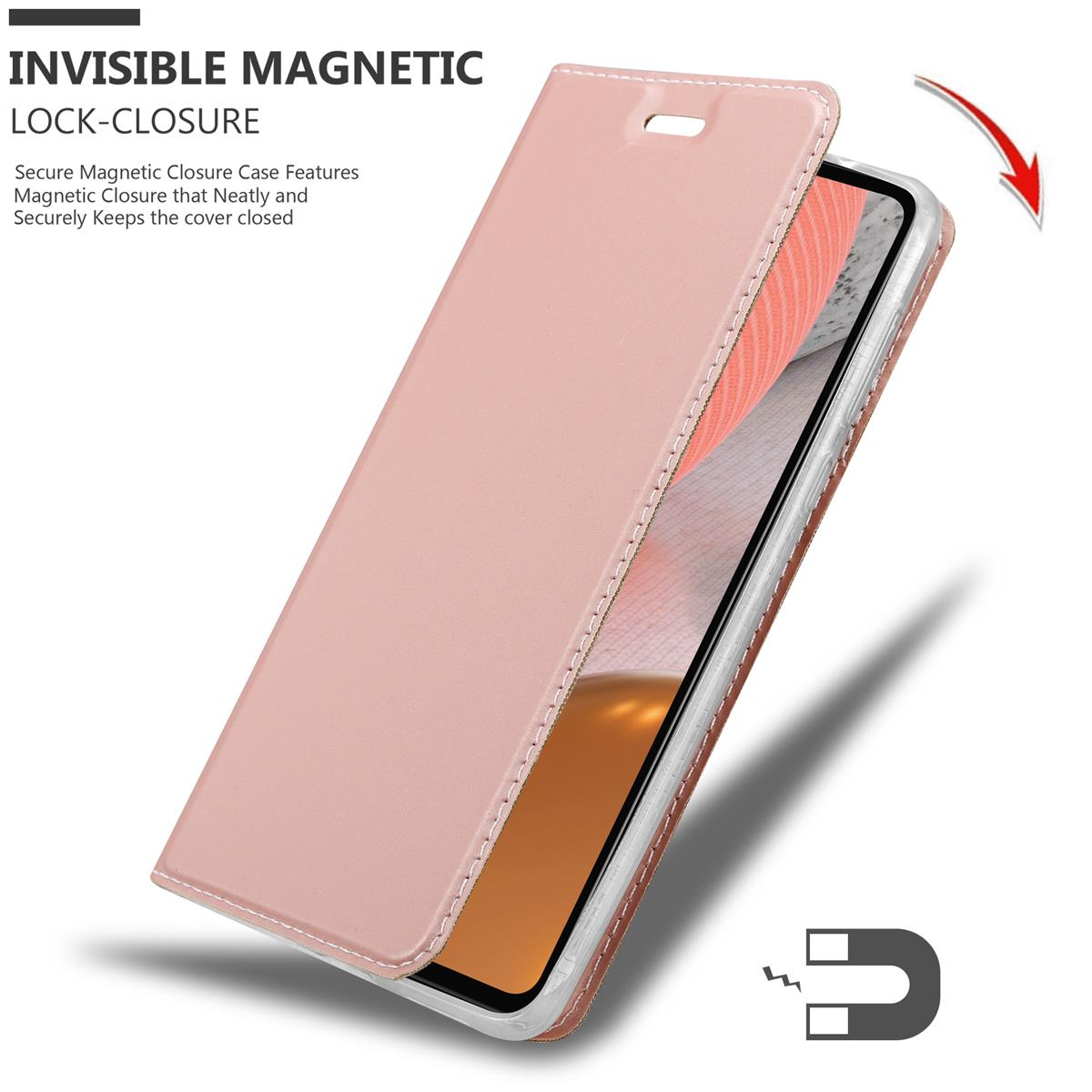 Rosa Handyhülle mit Magnetverschluss. Ein Telefon ist innen. Die Hülle ist offen mit einem roten Pfeil.