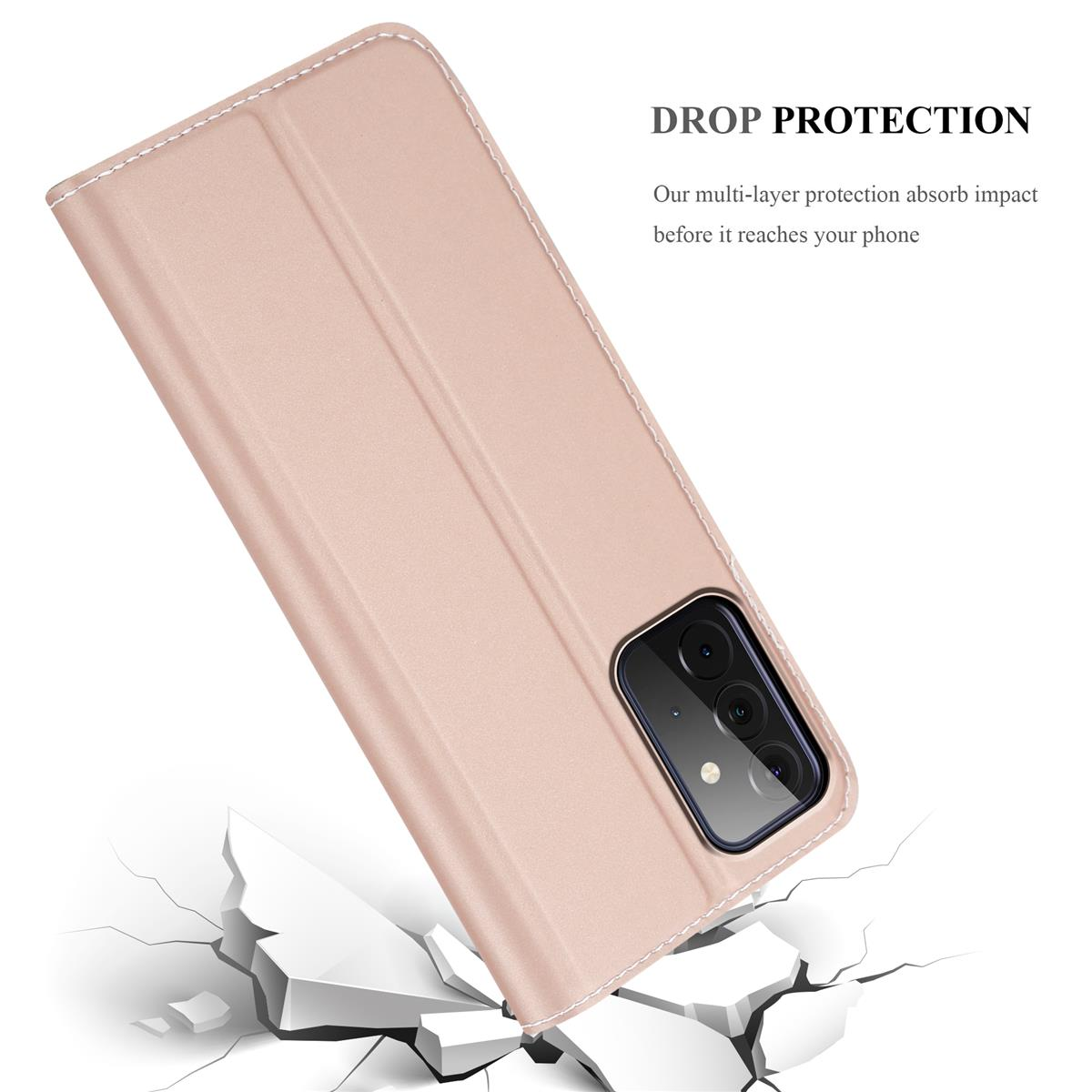 Eine rosa Handyhülle mit Telefon darin, das auf einer zerbrochenen Oberfläche liegt.
