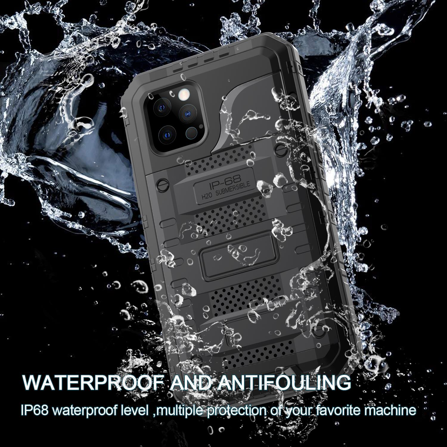 Schwarze wasserdichte Handyhülle mit Wassertropfen, mit IP68- und H2O-Tauchzeichen.