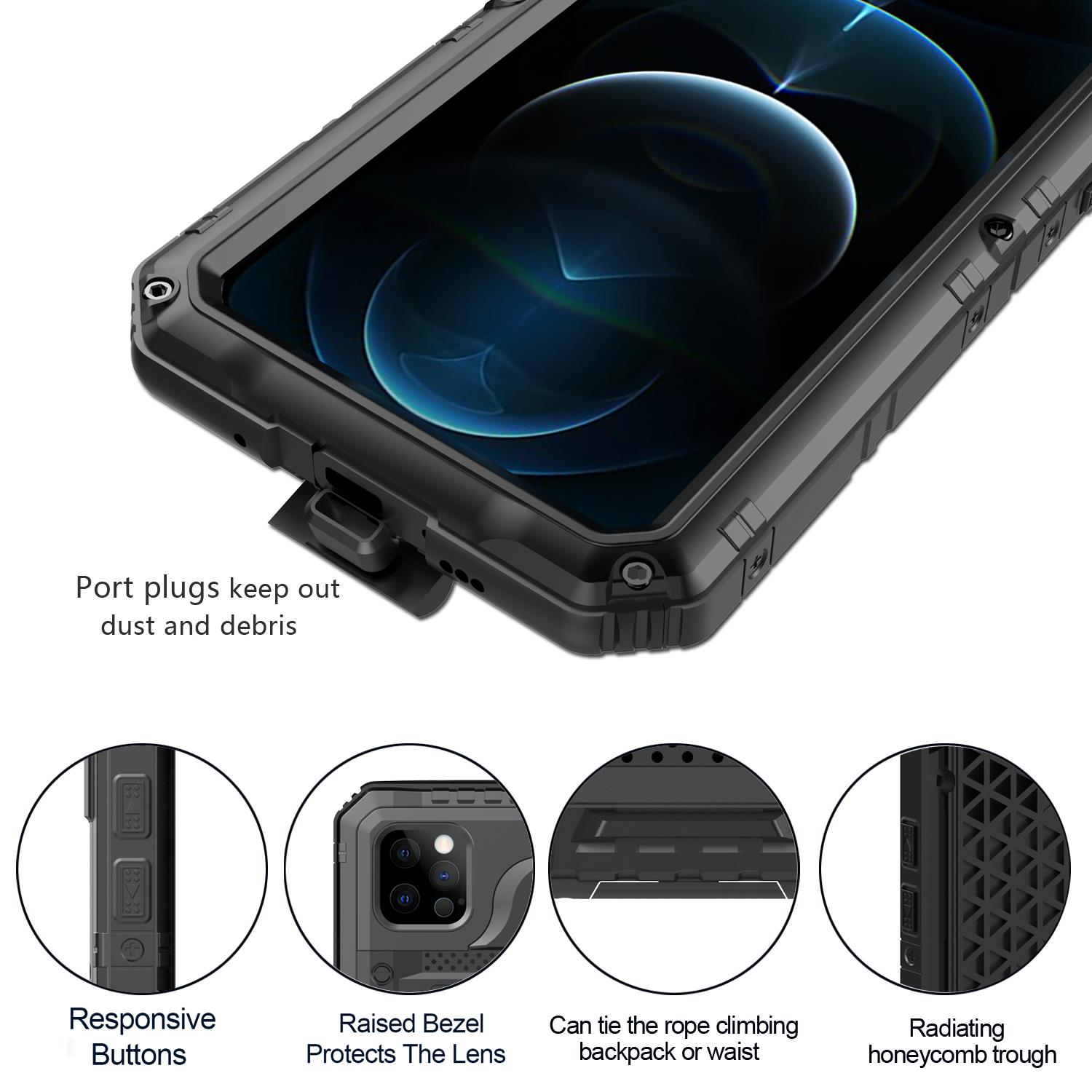 Schwarze Handyhülle, die ein Telefon schützt, mit detaillierten Ansichten von Tasten und Funktionen.