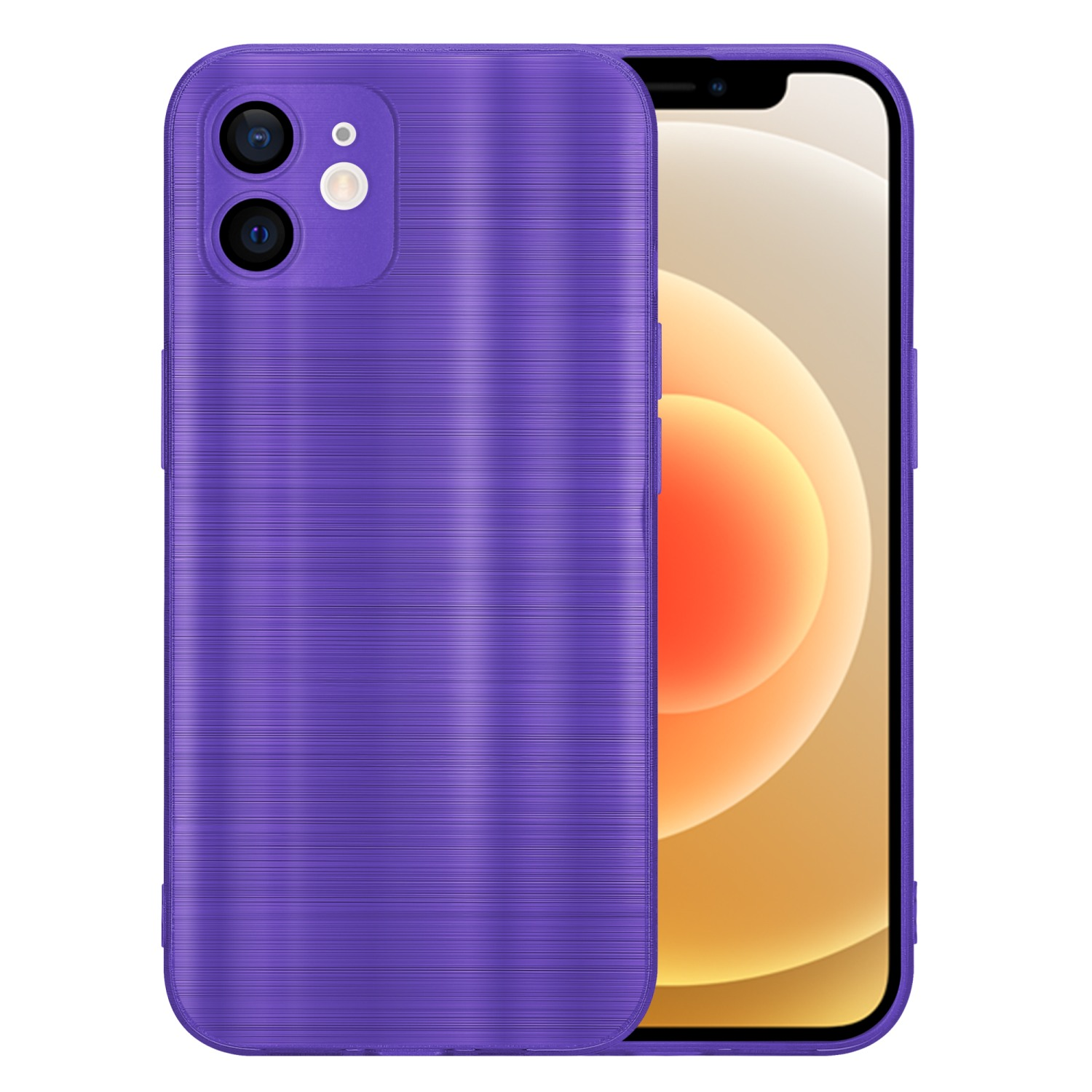 Custodia per telefono viola, con un design strutturato. Un telefono dietro, che mostra lo schermo.