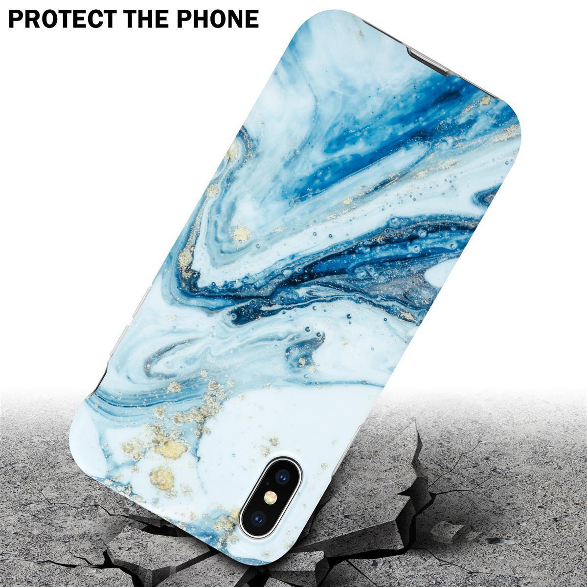 Una custodia per telefono con design a marmo cade sul cemento, causandone la rottura.