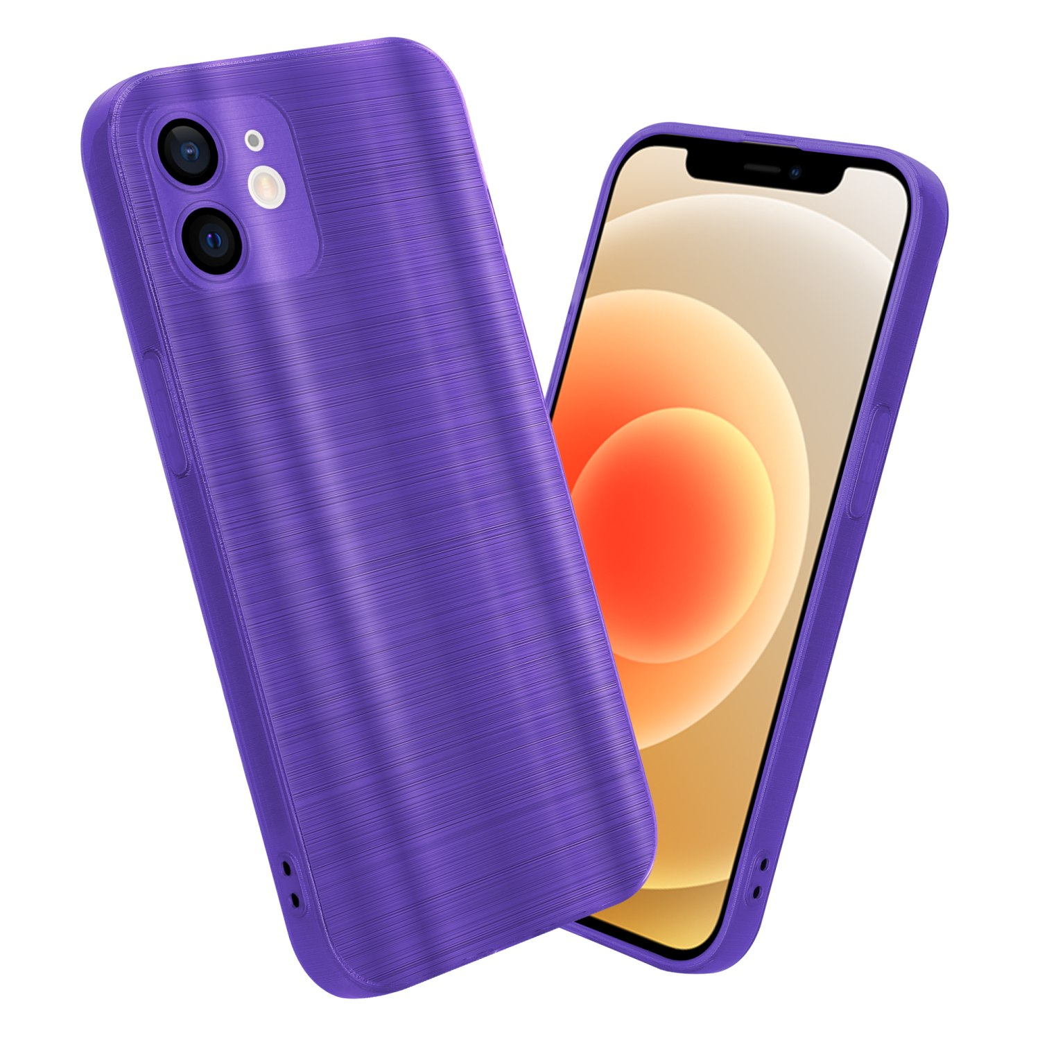 Due custodie per telefono viola, una con il telefono all'interno. Le custodie sembrano spazzolate.