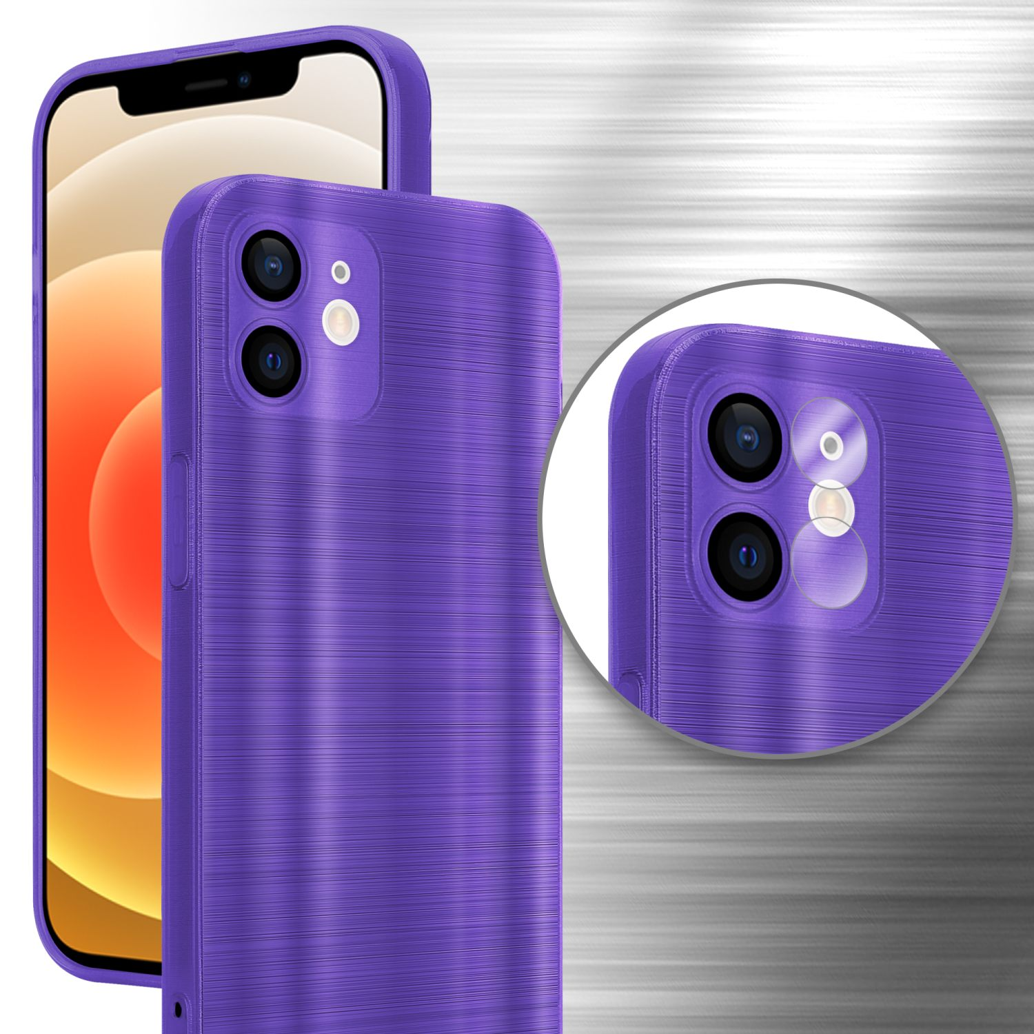 Un primo piano di una custodia per telefono viola con un telefono all'interno. La custodia ha una superficie strutturata.