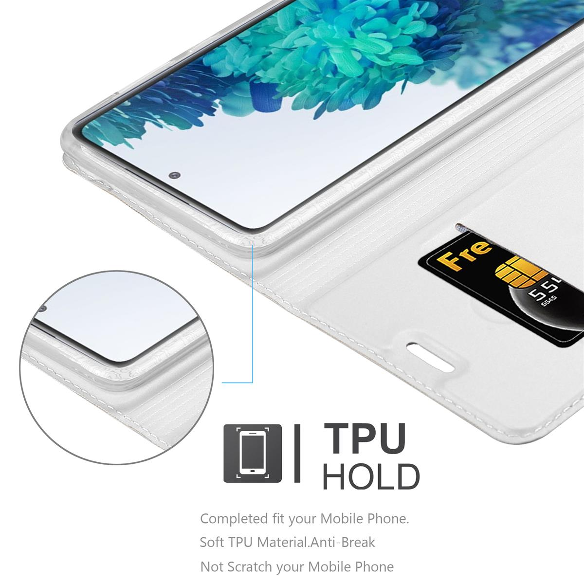 Custodia per telefono con fessura per carte, primo piano. Carta visibile dentro.