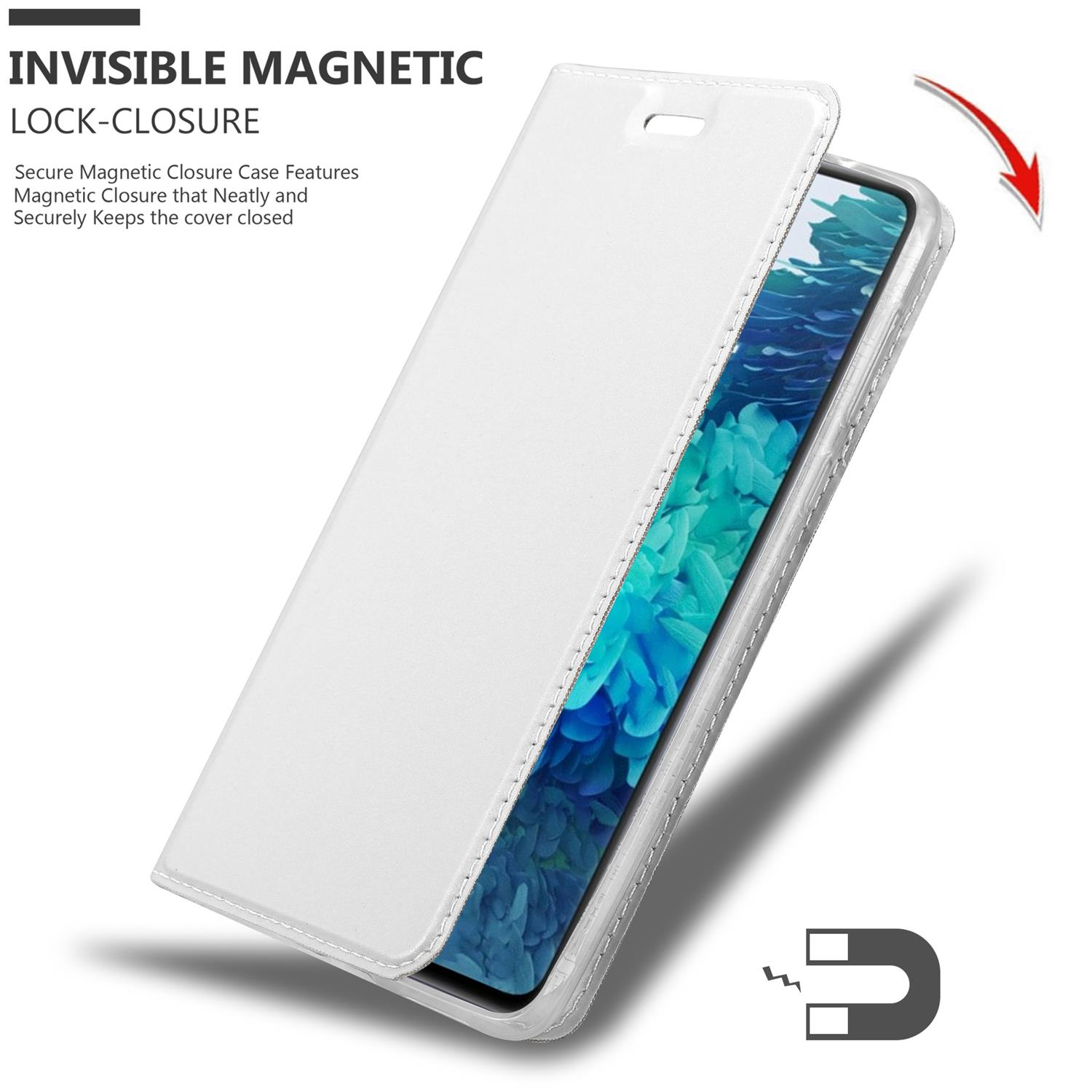 Custodia bianca per telefono aperta, che mostra il telefono. Chiusura magnetica invisibile. Segno del magnete.