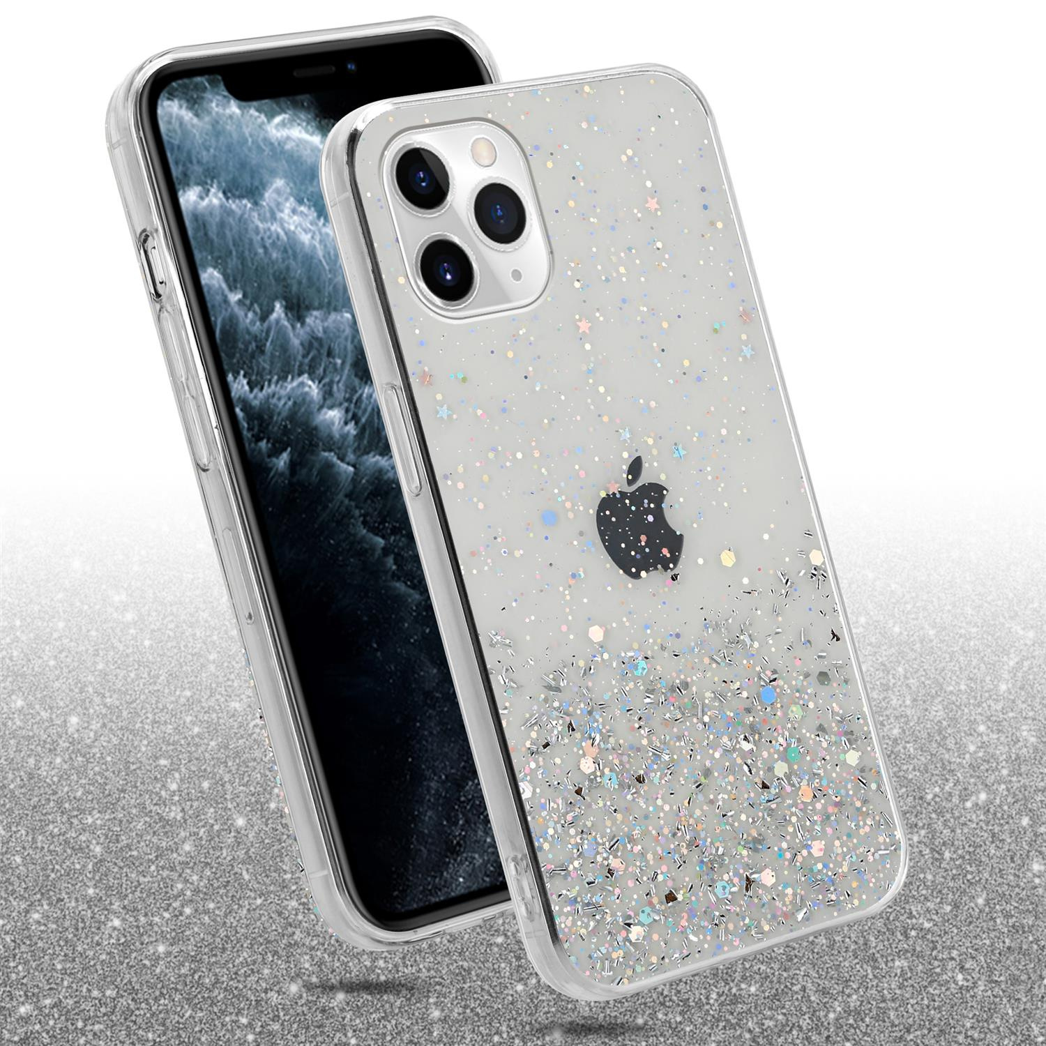 Eine transparente Handyhülle mit Glitzer. Die Hülle umschließt ein Telefon mit Apple-Logo.