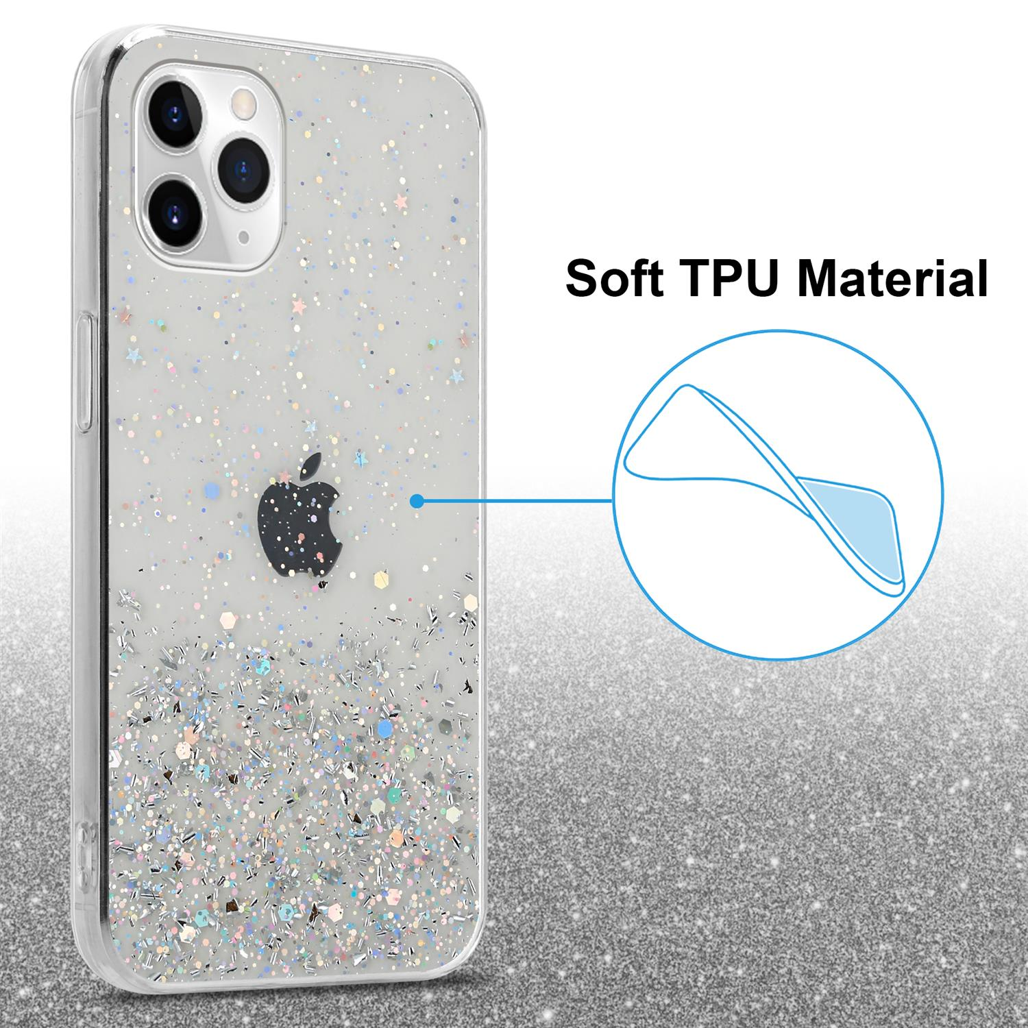 Eine transparente Handyhülle mit Glitzerdesign. Die Hülle ist um ein Handy.