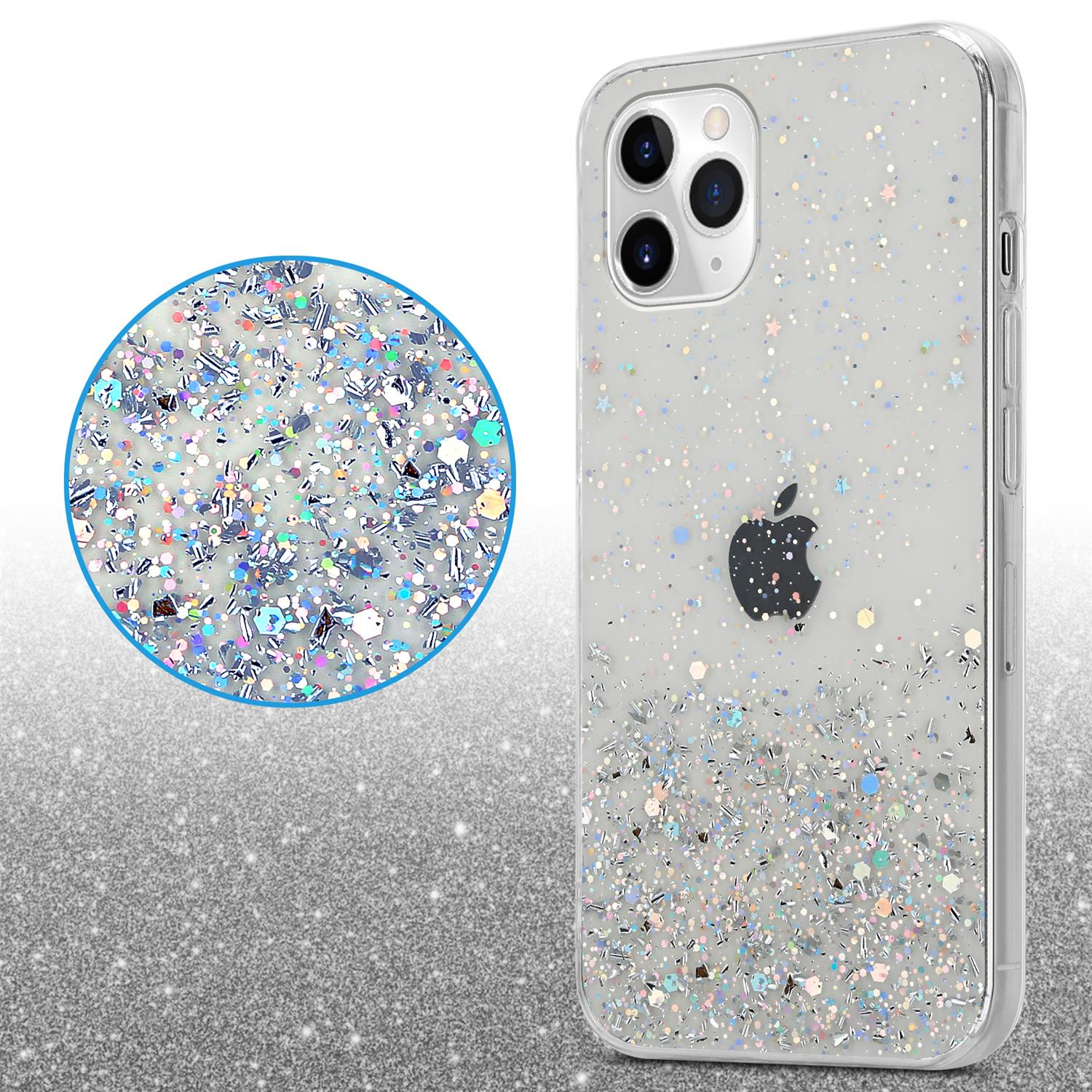 Transparente Handyhülle mit Glitzer und Apple-Logo. Kreis mit vergrößertem Glitzer.