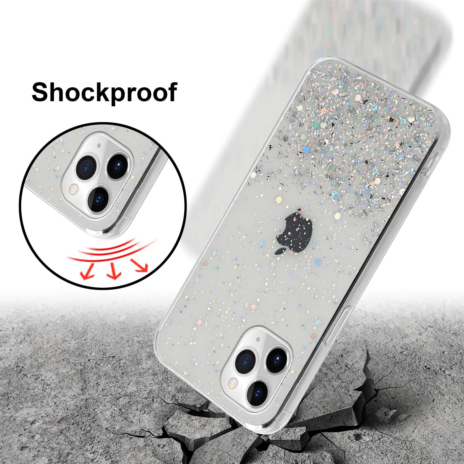 Eine Handyhülle mit Glitzer-Design. Das Telefon ist vor Stößen geschützt. Die Hülle liegt auf einer gerissenen Oberfläche.