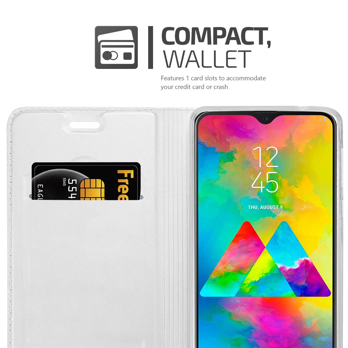 Weißes Handycase, offen, mit Kreditkarte im Schlitz. Das Telefon ist im Case. Display zeigt Zeit und Datum.