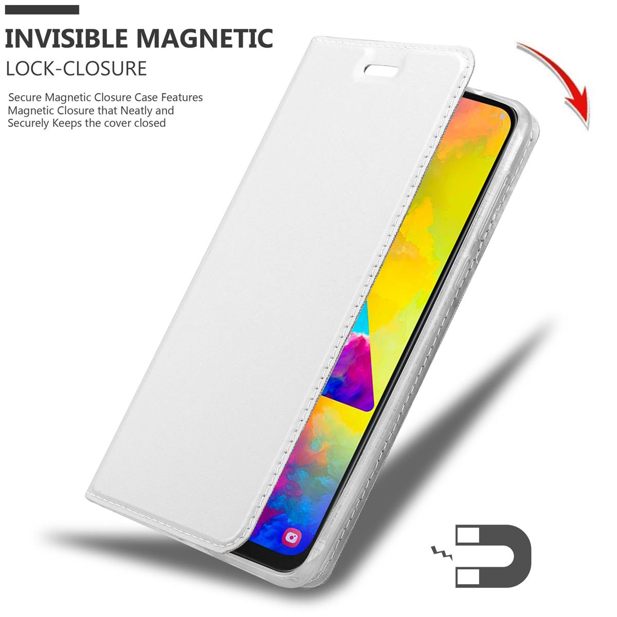 Weiße Handyhülle mit Magnetverschluss. Ein Telefon ist innen sichtbar.