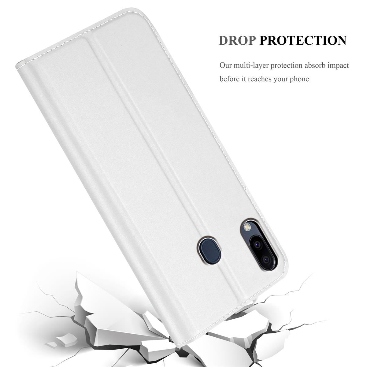 Weiße Handyhülle mit Telefon, zerbrochener Boden darunter. Drop Protection Text ist sichtbar.