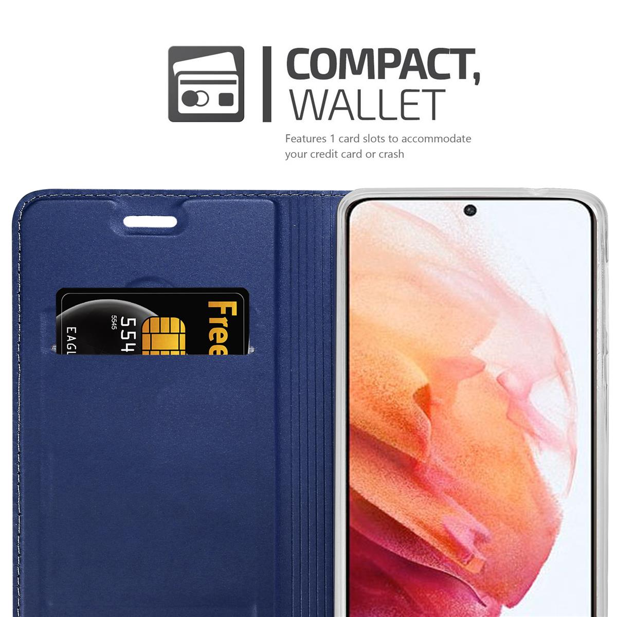 Una custodia blu navy con uno slot per carte e un telefono all'interno. Lo slot è aperto.