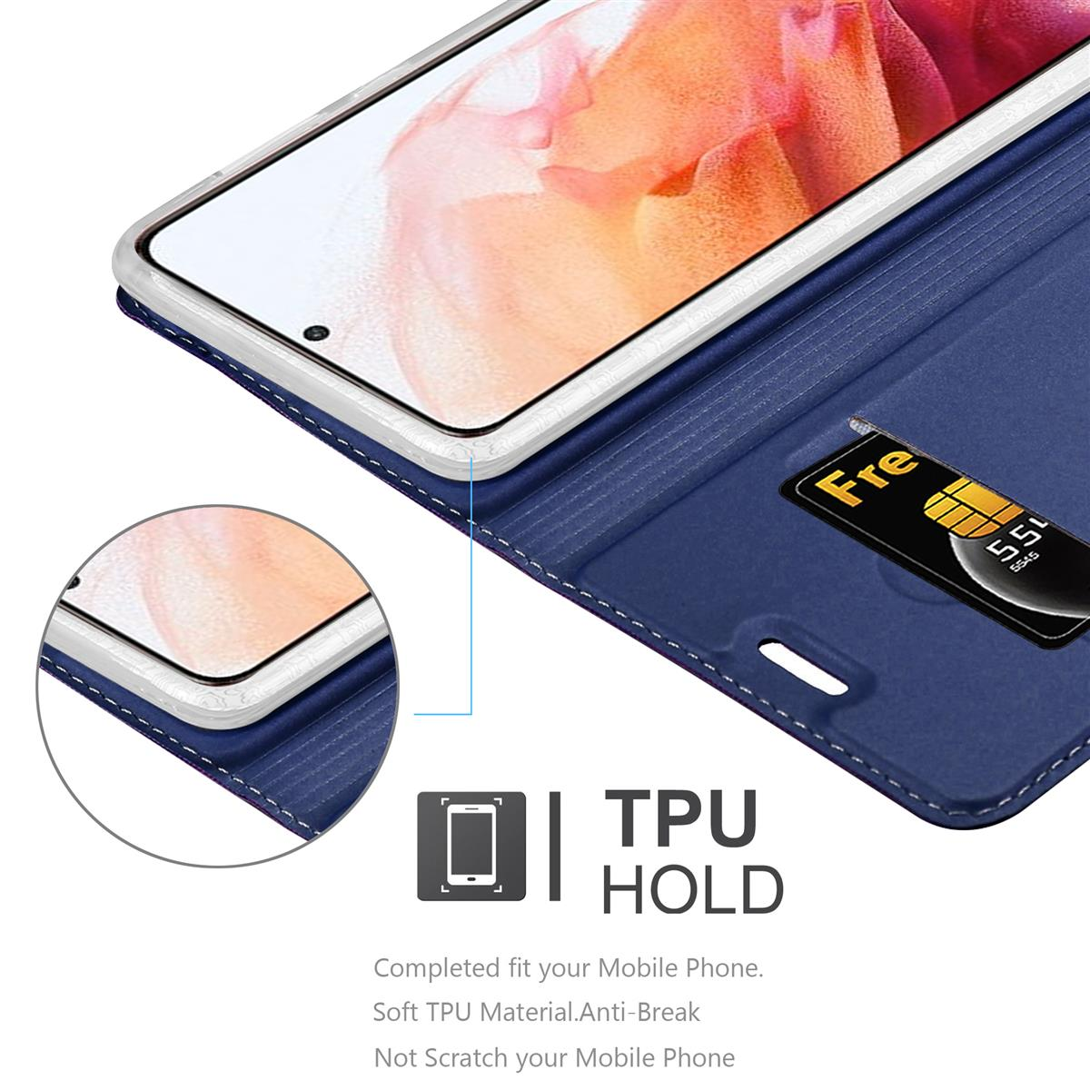 Custodia blu per telefono con una carta. Un inserto circolare mostra il bordo del telefono.