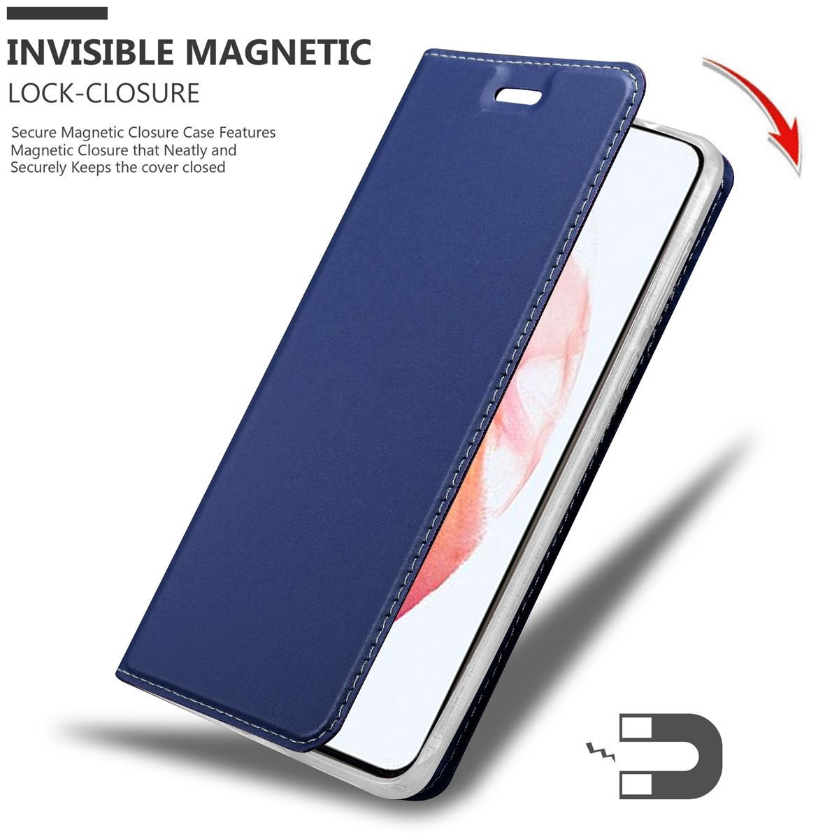 Custodia blu aperta per rivelare il telefono. Una freccia rossa indica la chiusura magnetica.