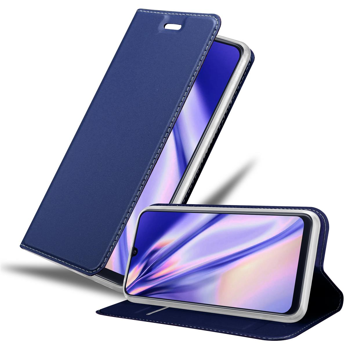 Custodia blu per telefono aperta, che mostra un telefono con display colorato.