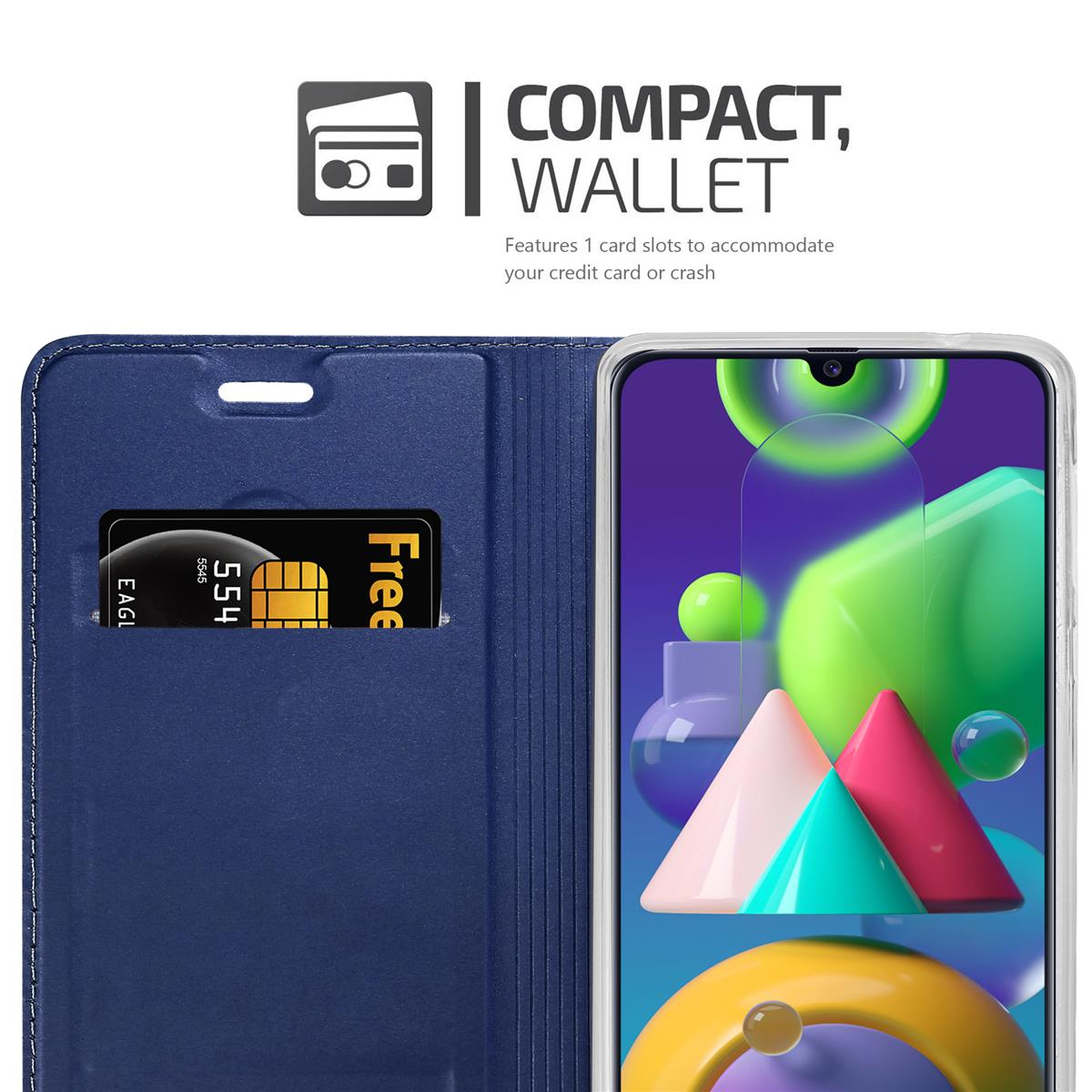 Custodia blu per telefono con fessura per carte e telefono con interfaccia.