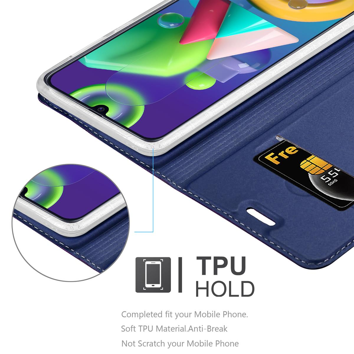 Custodia blu per telefono, aperta per rivelare il telefono. Una carta è in uno slot, e primo piano del telefono.