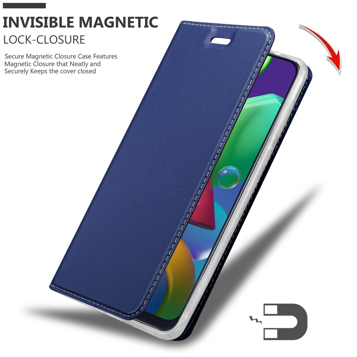 Una custodia blu con un telefono dentro. Viene visualizzato il testo 'INVISIBLE MAGNETIC LOCK-CLOSURE'.
