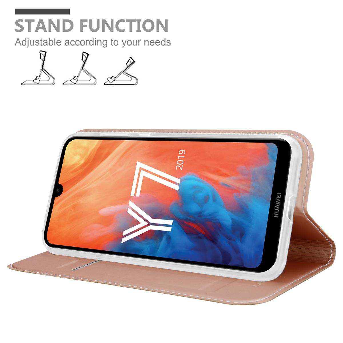 Custodia rosa per telefono con telefono dentro. Funzione stand. Testo: Funzione stand. Angoli di visione regolabili.