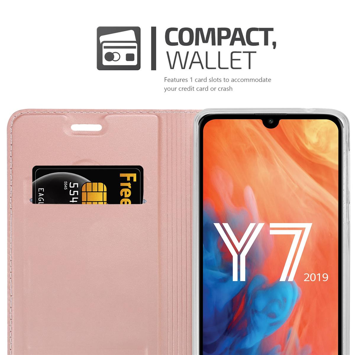 Custodia rosa per telefono con slot per schede e telefono con schermo Y7 2019.