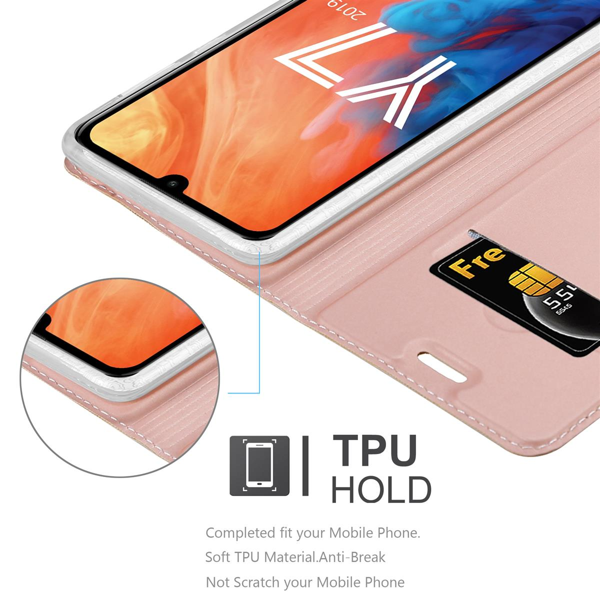 Custodia rosa con telefono, con carta. Testo 'TPU HOLD' visibile sotto il telefono.