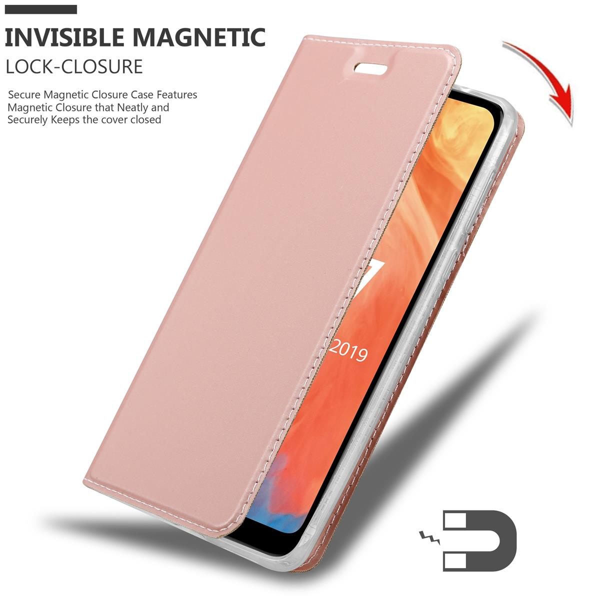Una custodia per telefono rosa, aperta, con chiusura magnetica. Il telefono è all'interno, con il testo 2019 sullo schermo.