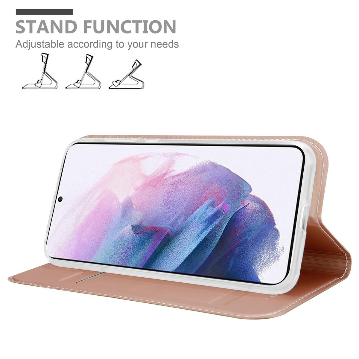 Rosafarbene Handyhülle, geöffnet und hält ein Telefon, mit Text über die Standfunktion und drei Standdiagrammen.