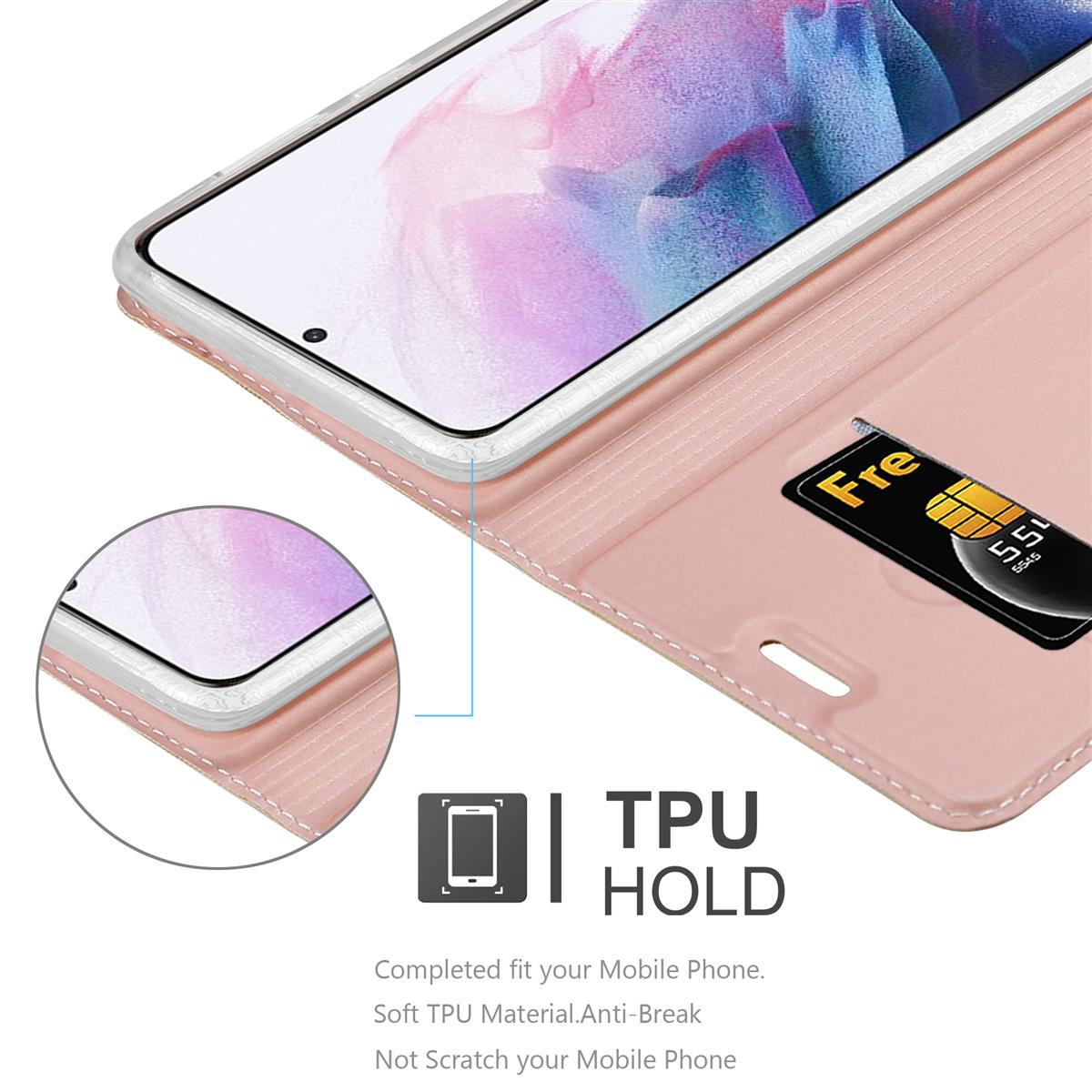 Rosafarbene Handyhülle offen, zeigt Telefon. TPU-Halterung mit Karte. Text: Weiches TPU-Material.