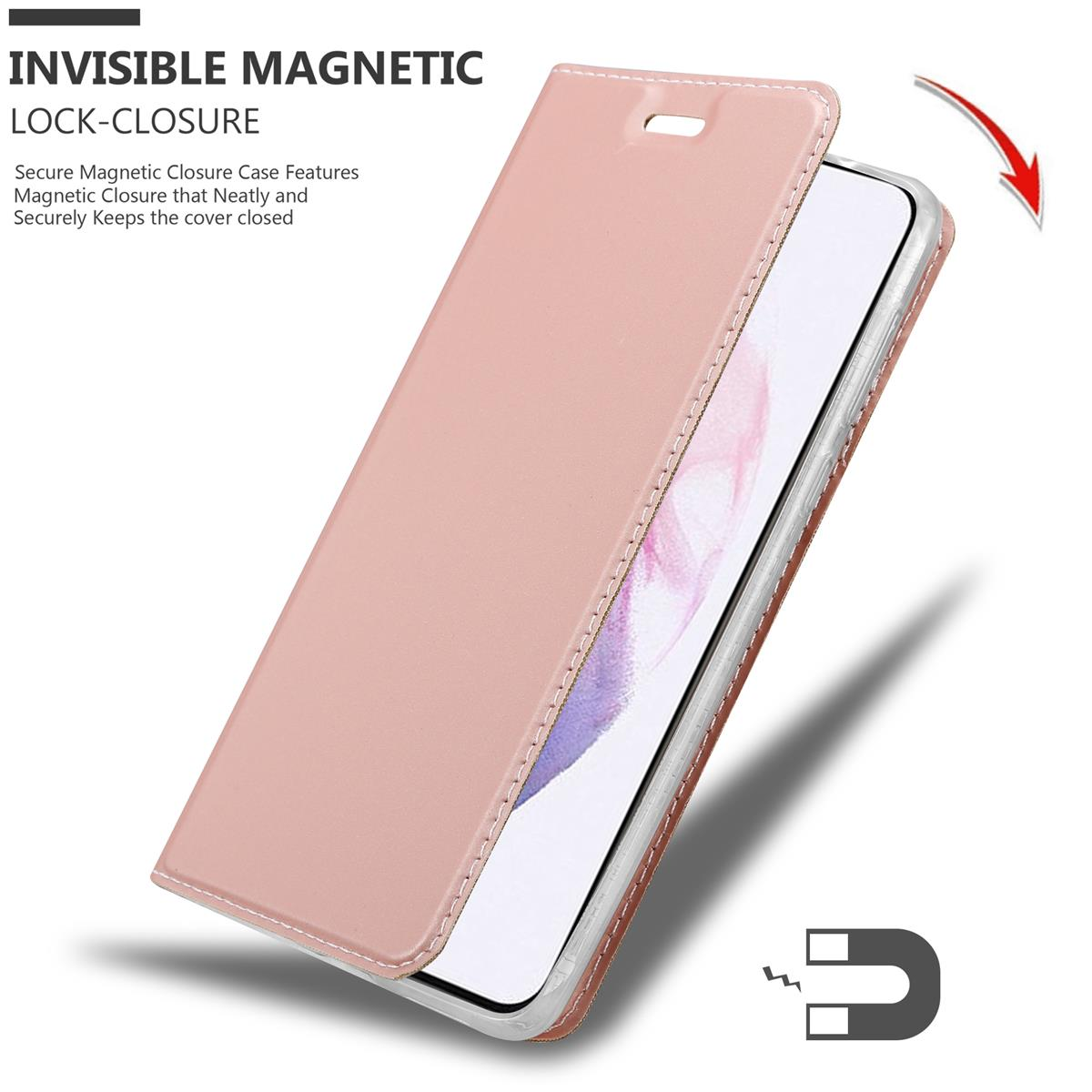 Rosa Handyhülle, um Telefon freizulegen. Text lautet: unsichtbarer Magnetverschluss.