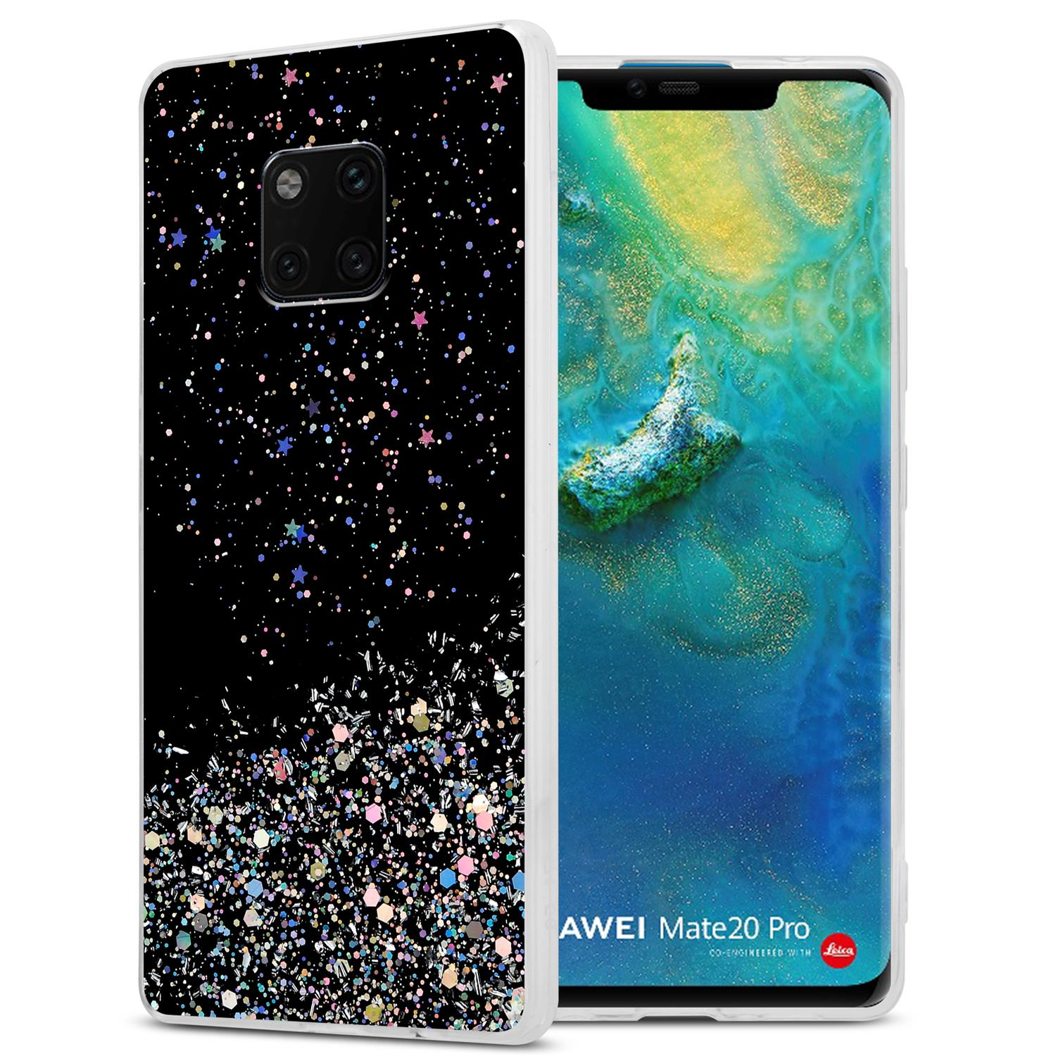 Schwarze Handyhülle mit Glitzerdesign, zeigt Telefon.