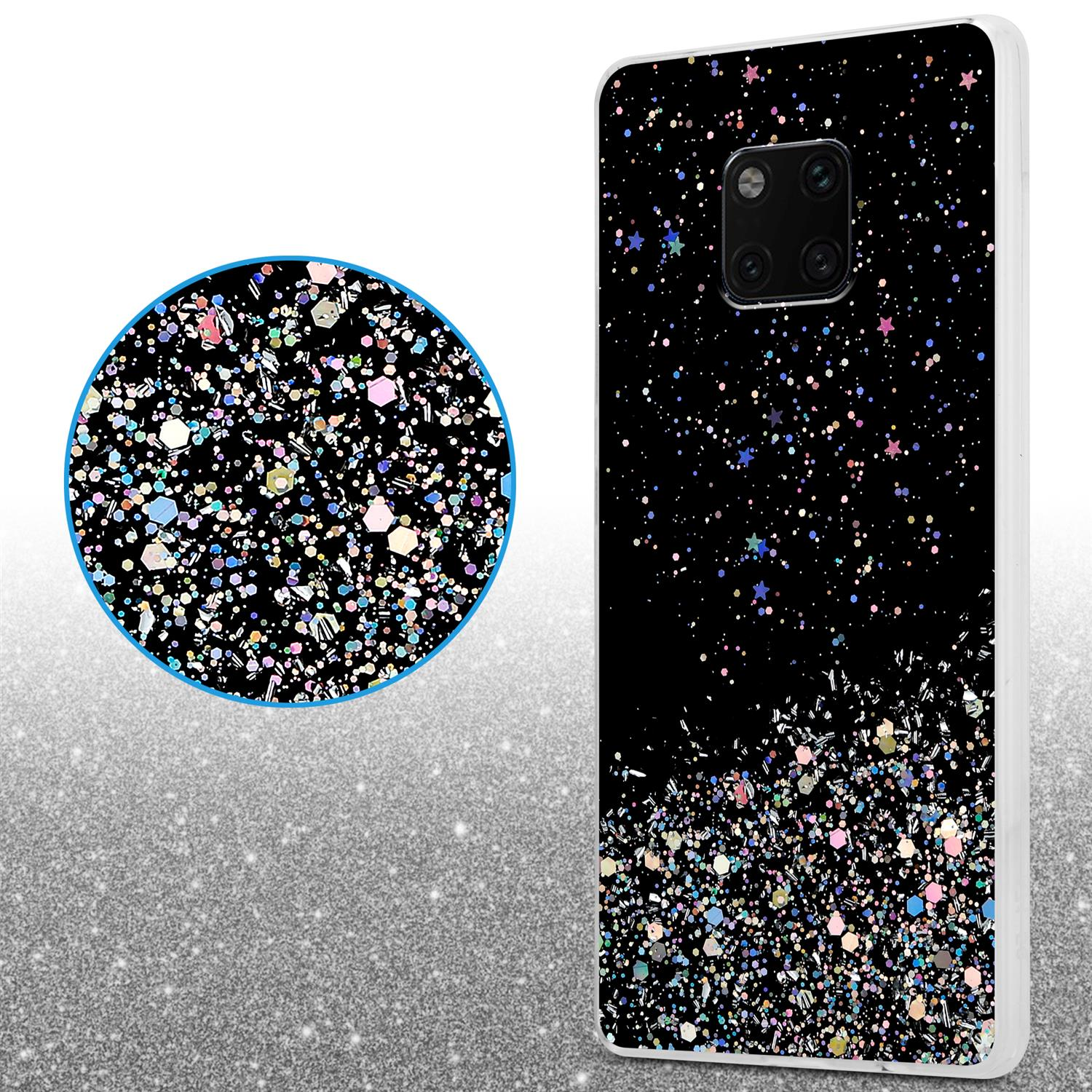 Schwarze Handyhülle, Glitzerdesign. Kreisförmige Nahaufnahme von Glitzer. Schwarzer und mehrfarbiger Glitzer.