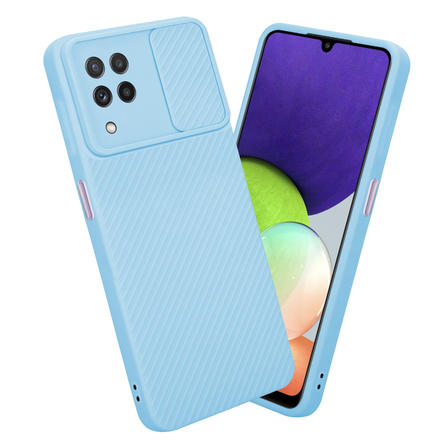 Zwei hellblaue Handyhüllen, eine mit Telefon. Beide haben Kameraabdeckungen und ein strukturiertes Design.