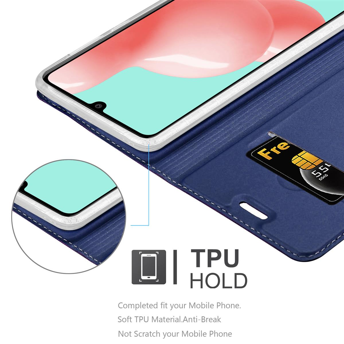 Blaue Handyhülle, offen, zeigt ein Telefon und eine Karte. Text: 'TPU HOLD'.