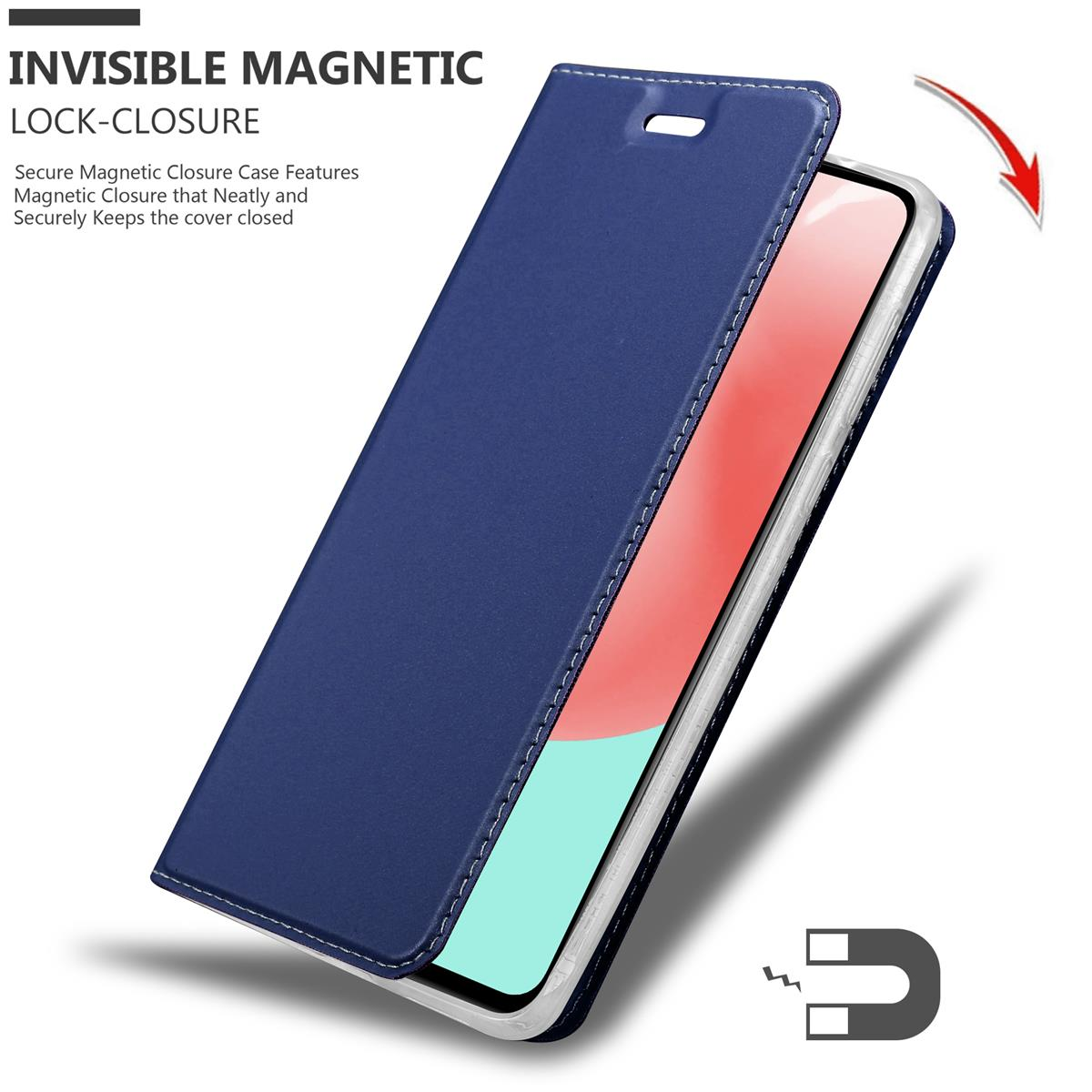 Blaue Handyhülle mit Magnetverschluss, offen. Telefonbildschirm sichtbar.