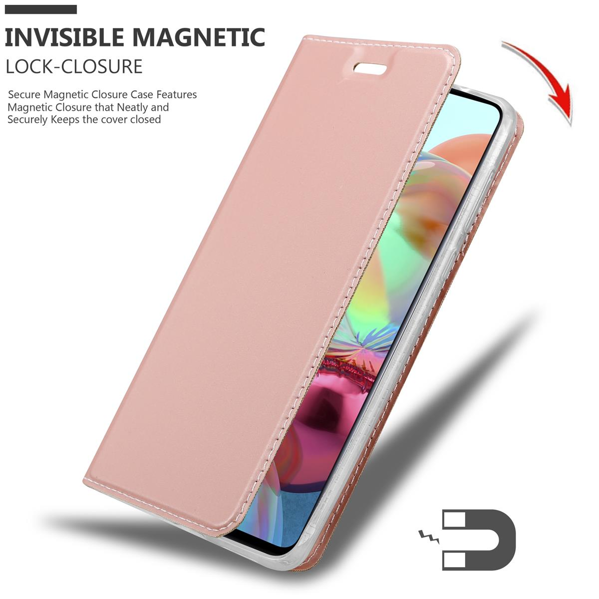 Custodia per telefono con chiusura magnetica, colore rosa. Aperta per rivelare il telefono.