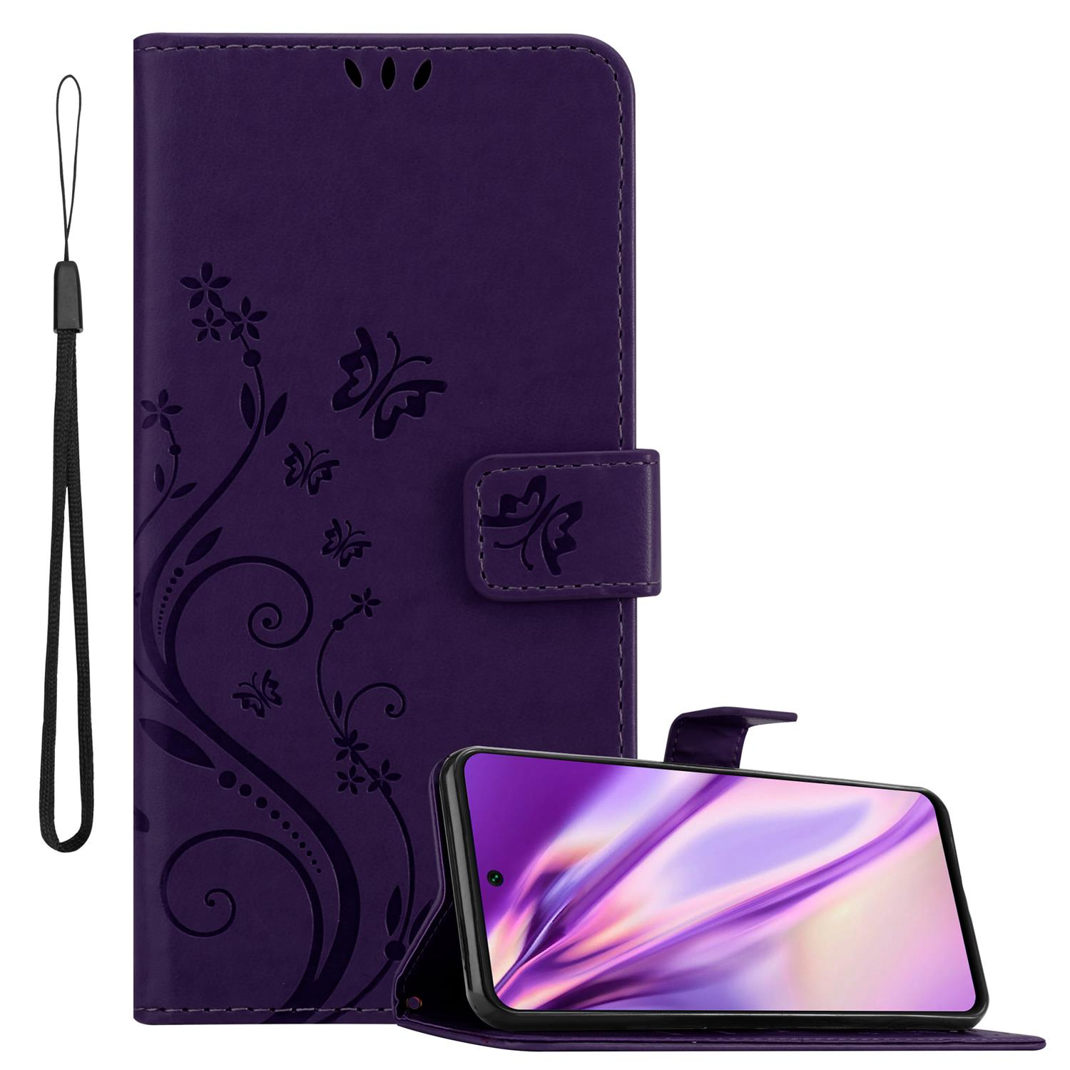 Lila Handyhülle mit Blumendesign, Schmetterlingen und einem Riemen. Telefon im Gehäuse.