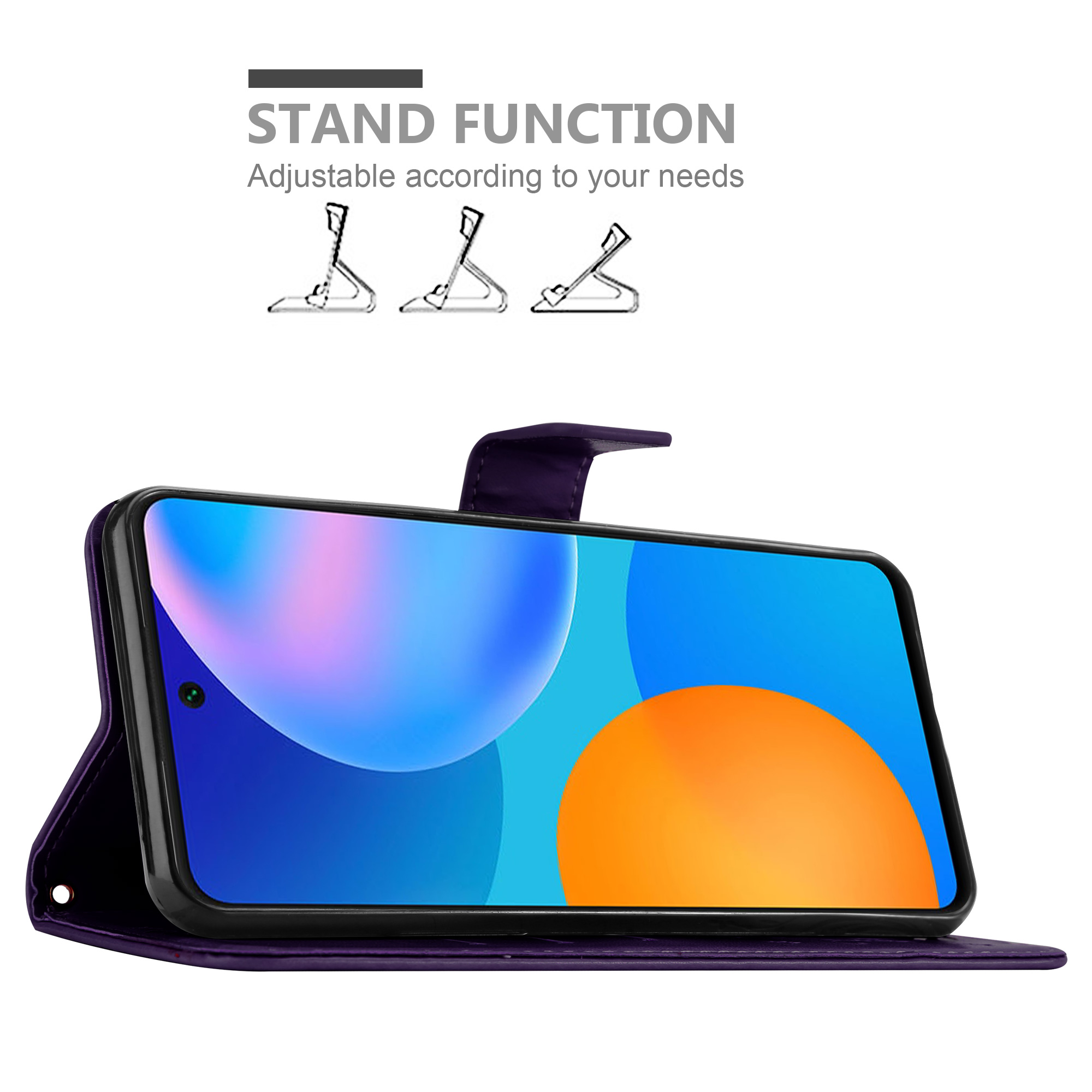 Lila Handyhülle mit Telefon, zeigt die Standfunktion.