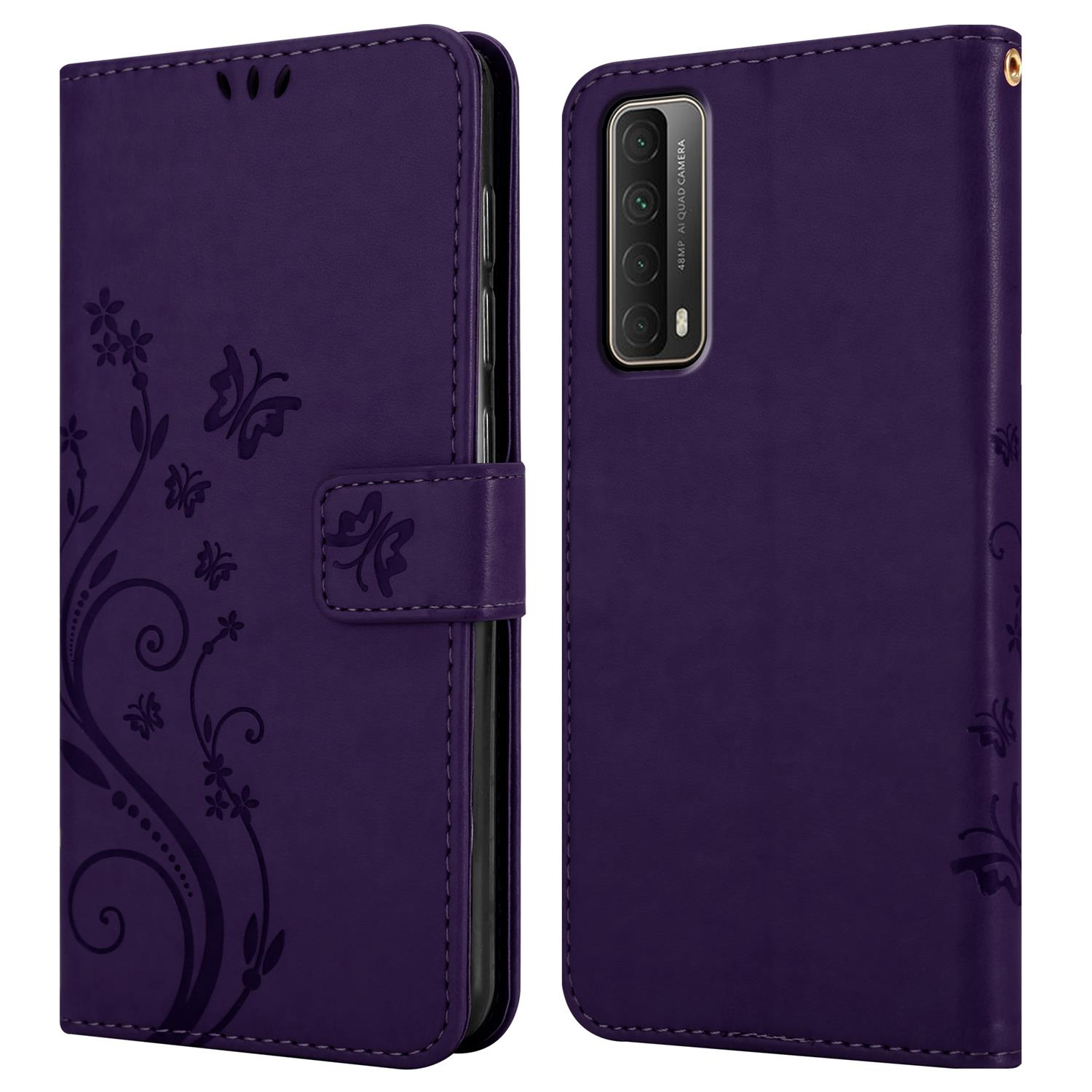 Lila Handyhülle, offen, zeigt ein Telefon. Blumendesign auf der Hülle. Kamera und Tasten sichtbar.