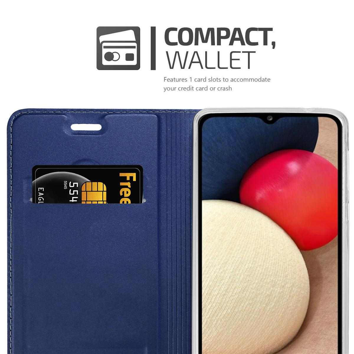 Étui de téléphone bleu avec fente pour carte de crédit, tenant une carte. Écran visible.