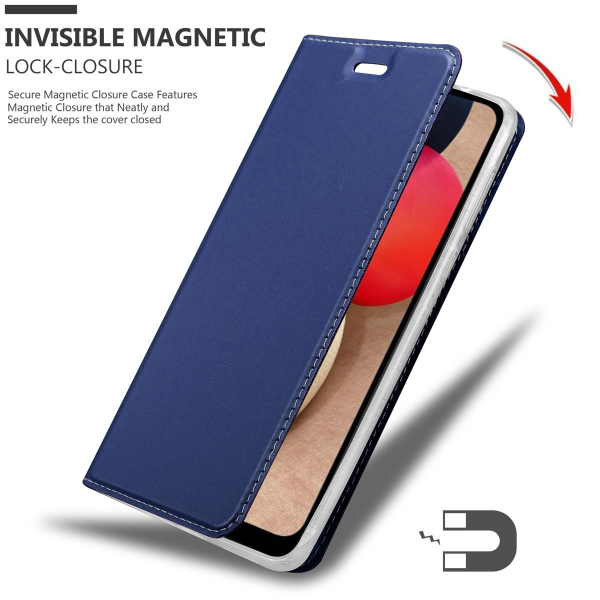 Coque de téléphone bleue, ouverte. Coutures blanches. Flèche montre fermeture magnétique.